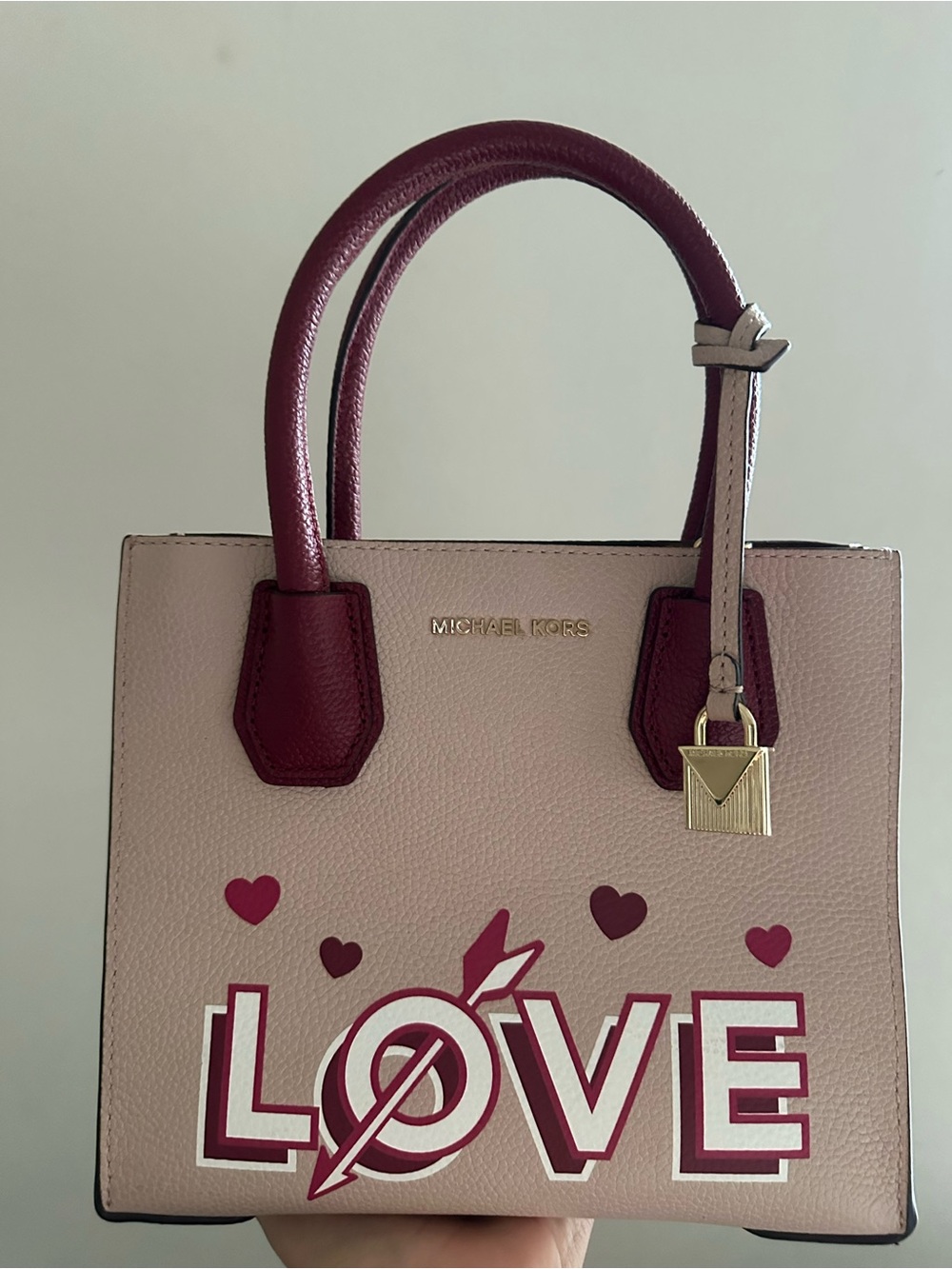 Michael Kors Pink & Burgundy Leather LOVE Satchel with Gold Lock Charm